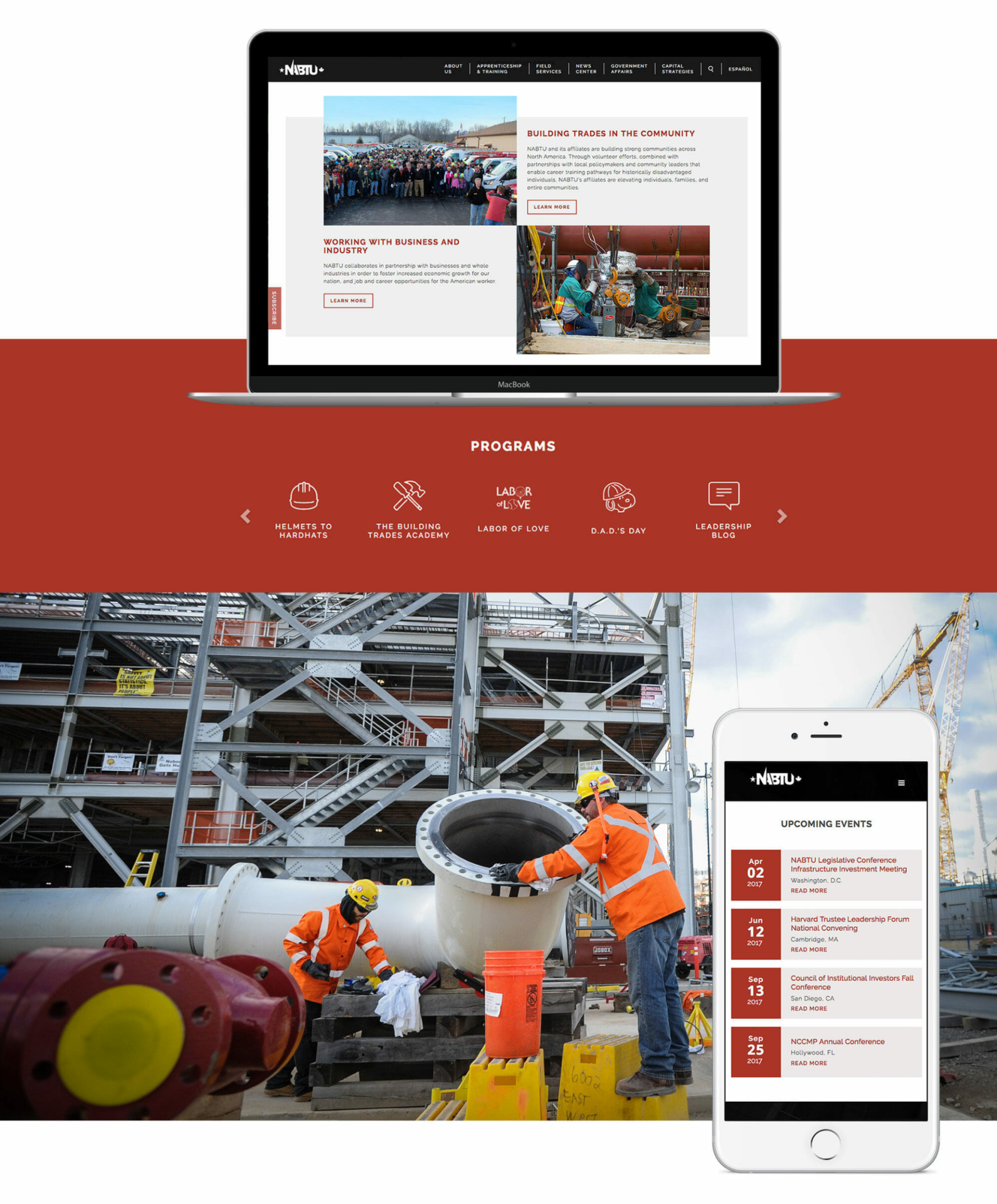 A digital presentation of a website for a NABTU construction or industrial training organization, shown on a desktop monitor and a mobile phone, with real-life images of construction workers actively engaged in their tasks at