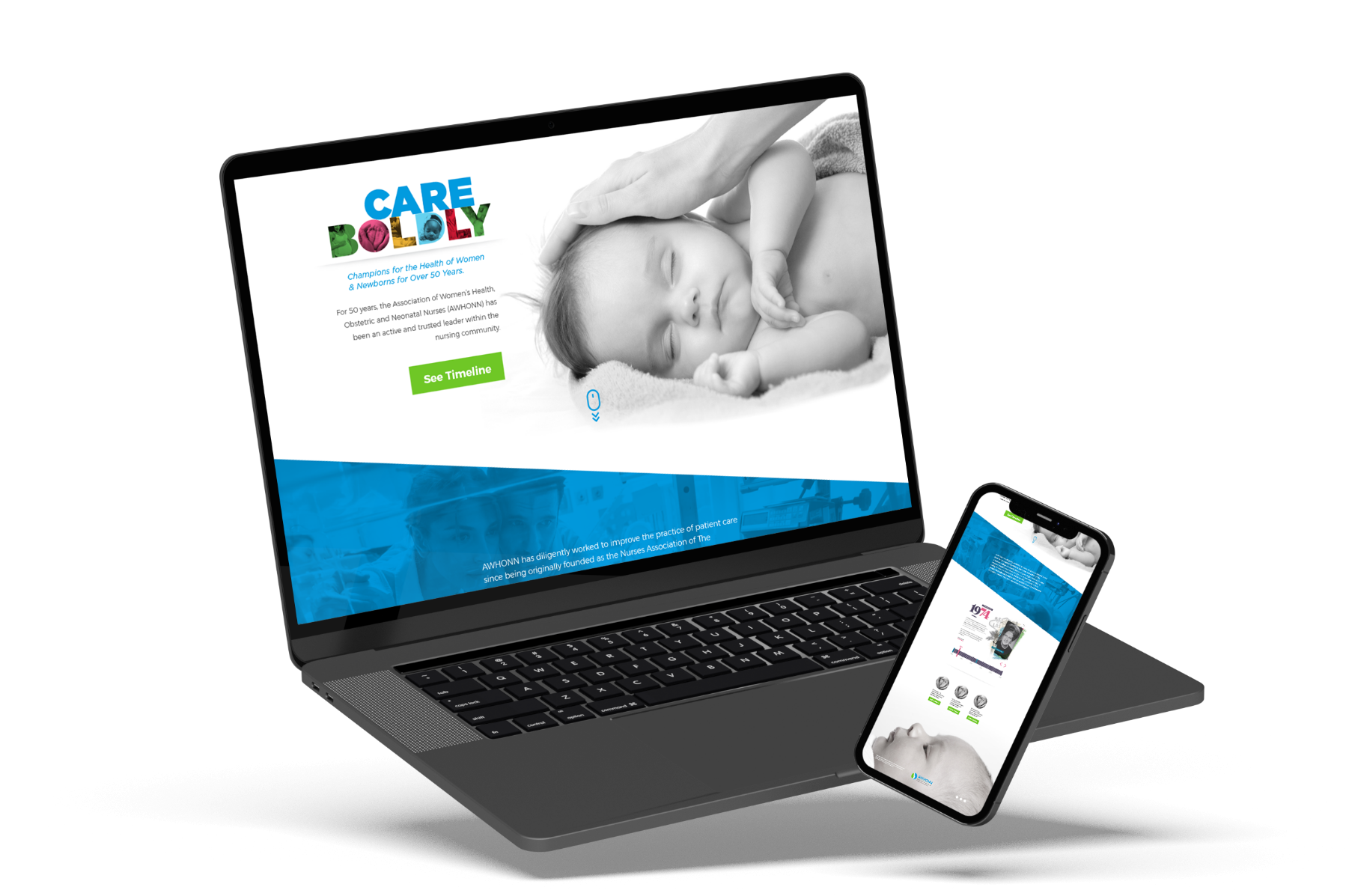 A laptop and smartphone displaying a website for "caredolly," promoting expert prenatal and postpartum care in collaboration with AWHONN's 50th Anniversary campaign, with a tranquil black and