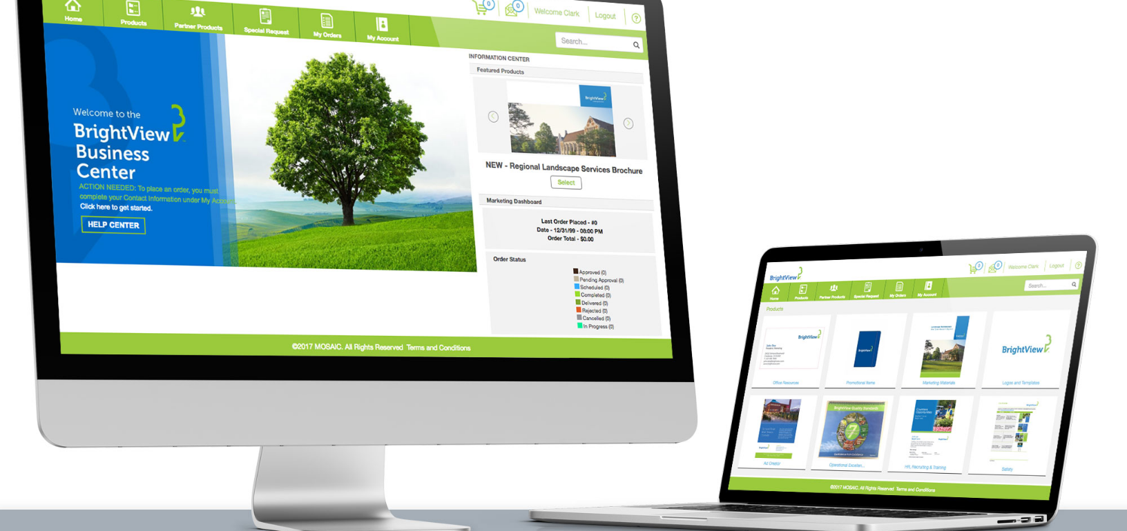 A desktop computer and a laptop side by side displaying a website for BrightView Business Center with a green-themed interface and images of nature, symbolizing a professional corporate storefront web presence.