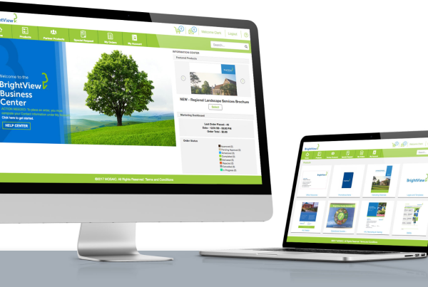 A desktop computer and a laptop side by side displaying a website for BrightView Business Center with a green-themed interface and images of nature, symbolizing a professional corporate storefront web presence.