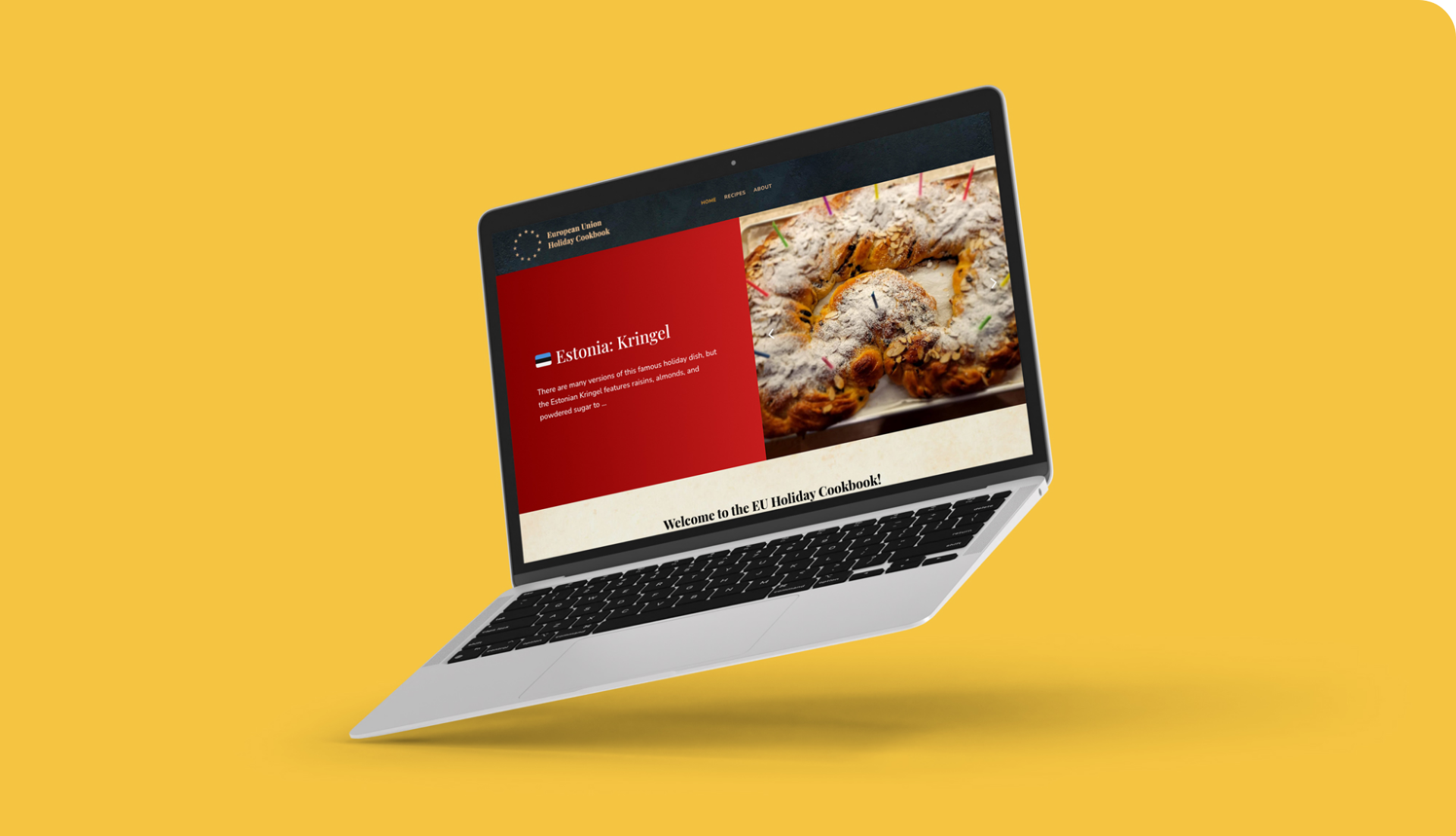 A modern laptop displayed against a yellow background, showing a website with EU Holiday Recipes for "empanada mince".