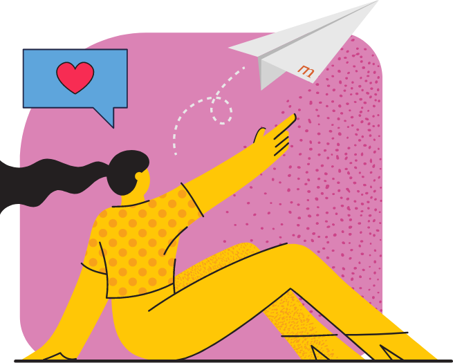 A stylized mosaic art illustration of a person lounging and tossing a paper airplane with icons representing love and communication above.