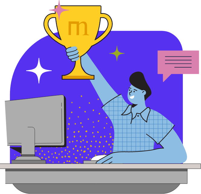 A person holding up a trophy in triumph next to their computer, possibly celebrating a victory or achievement in a digital or remote context. Sparkles indicate a festive and victorious mood, perfectly embodying the spirit