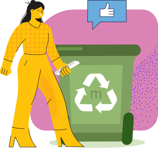 A cheerful woman in yellow clothing holding a recyclable item next to a green recycling bin with a recycle symbol, indicating responsible waste management and environmental stewardship, about us at MOSAIC.