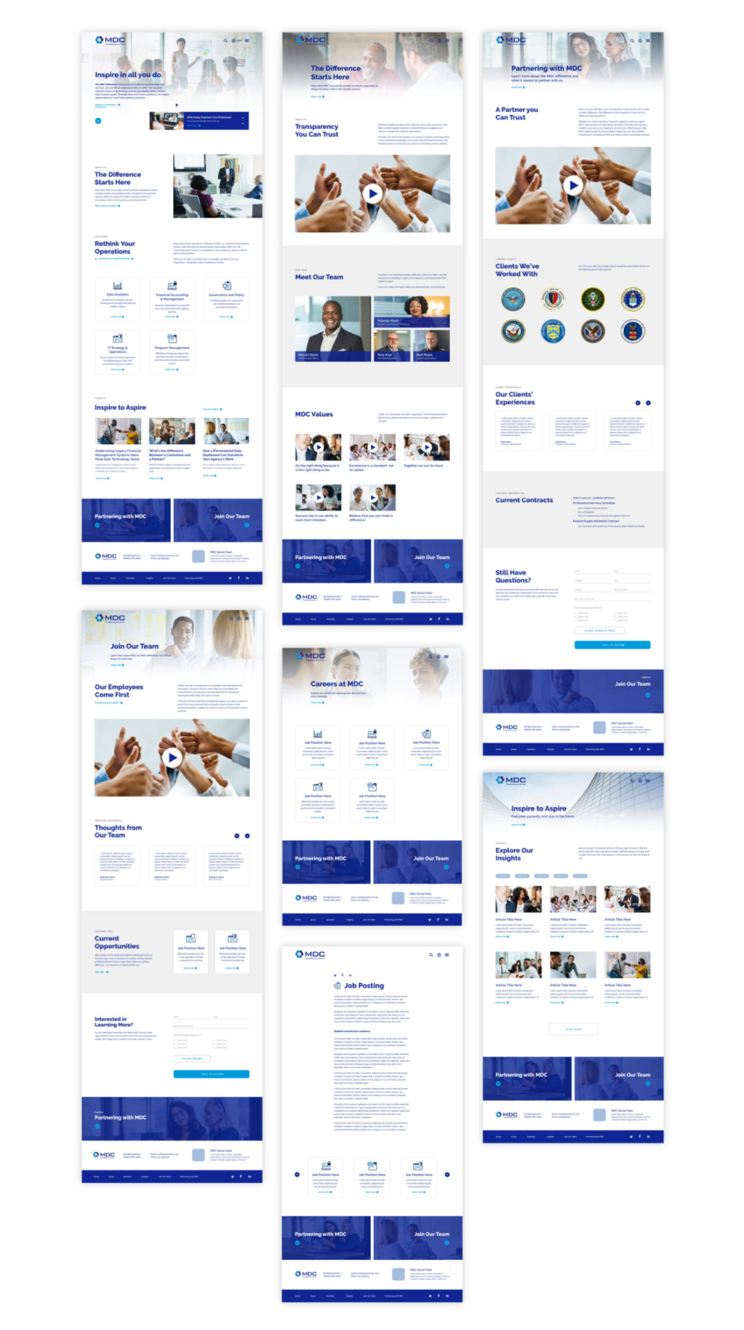 Website design mockups: a compilation of professional MDC website layouts featuring business and corporate themes.
