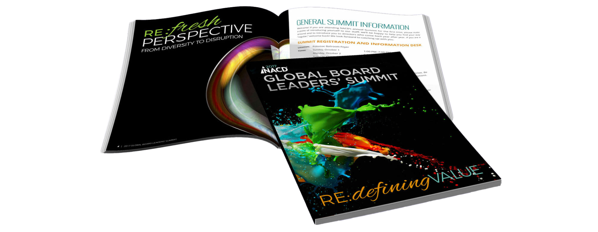 A vibrant brochure for the NACD Global Board Leaders' Summit featuring a splash of dynamic colors, emphasizing themes of refreshing perspective and redefining value.
