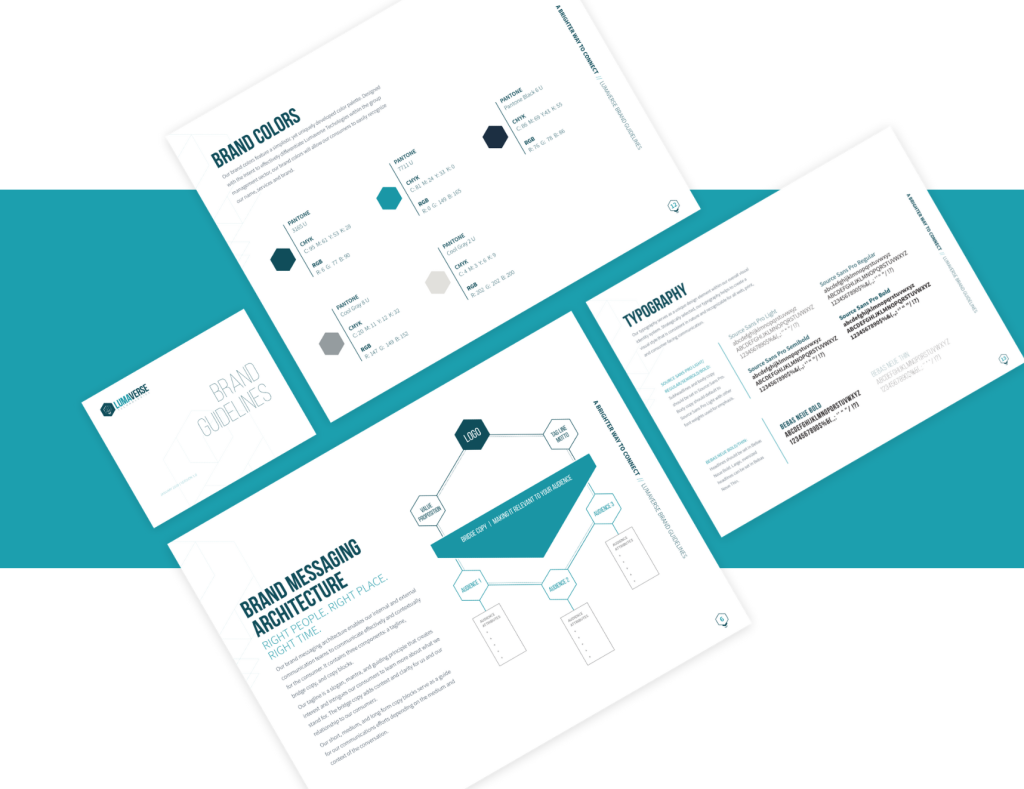 A clean and professional presentation of Lumaverse Technologies' brand guidelines spread across multiple pages, showing details like brand colors, fonts, and messaging architecture on a teal and white background.