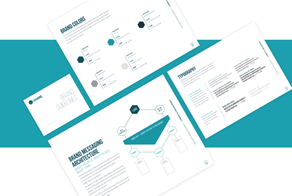 A clean and professional presentation of Lumaverse Technologies' brand guidelines spread across multiple pages, showing details like brand colors, fonts, and messaging architecture on a teal and white background.