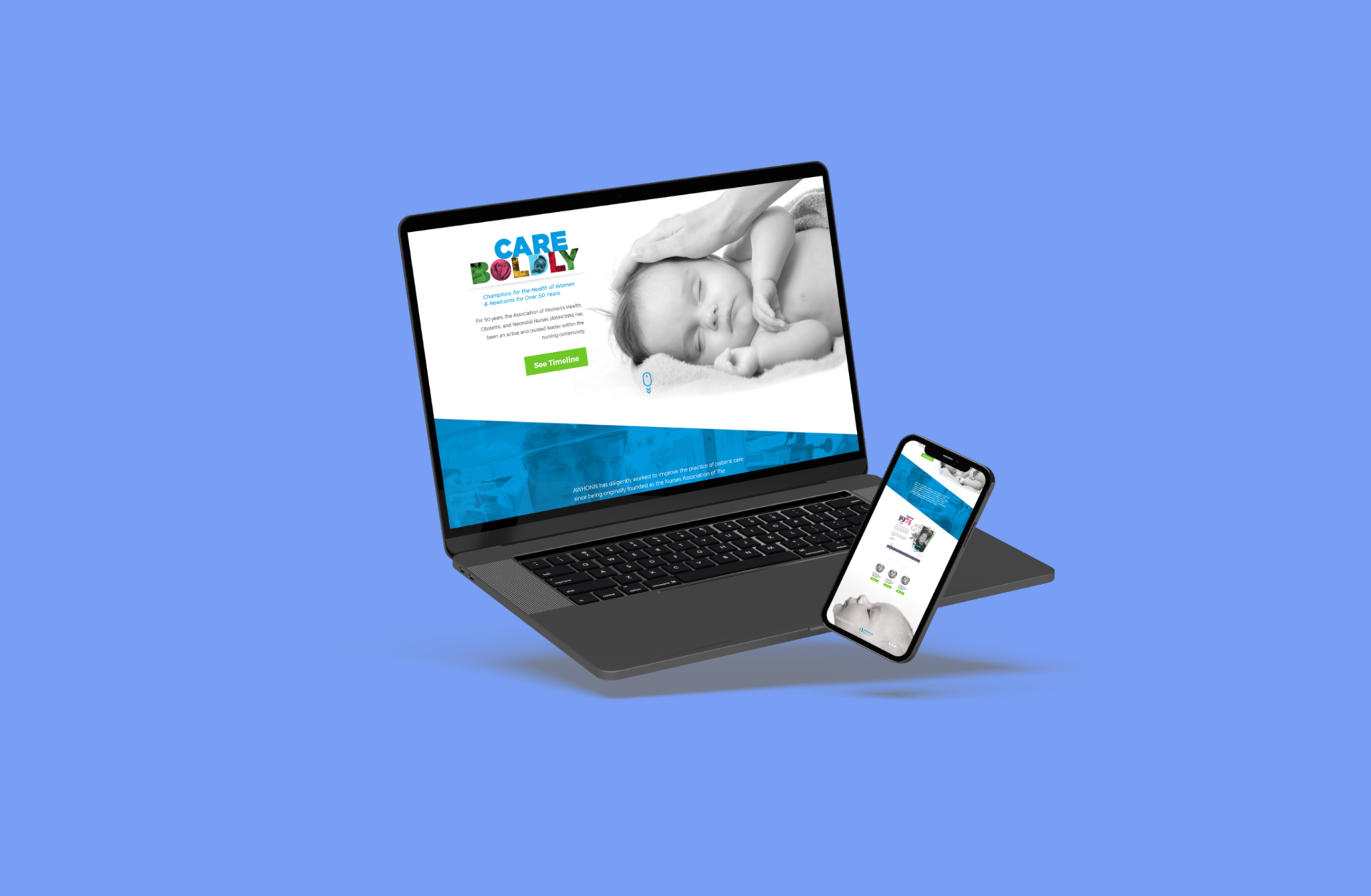 A laptop and a smartphone placed against a blue background, both displaying a baby care website with a calming image of a sleeping baby as part of the AWHONN 50th Anniversary campaign.