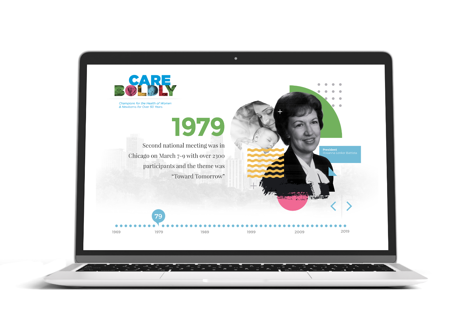 This laptop screen displays a graphic timeline for AWHONN's 50th Anniversary campaign, marking a significant historical event from 1979 with related imagery and text.
