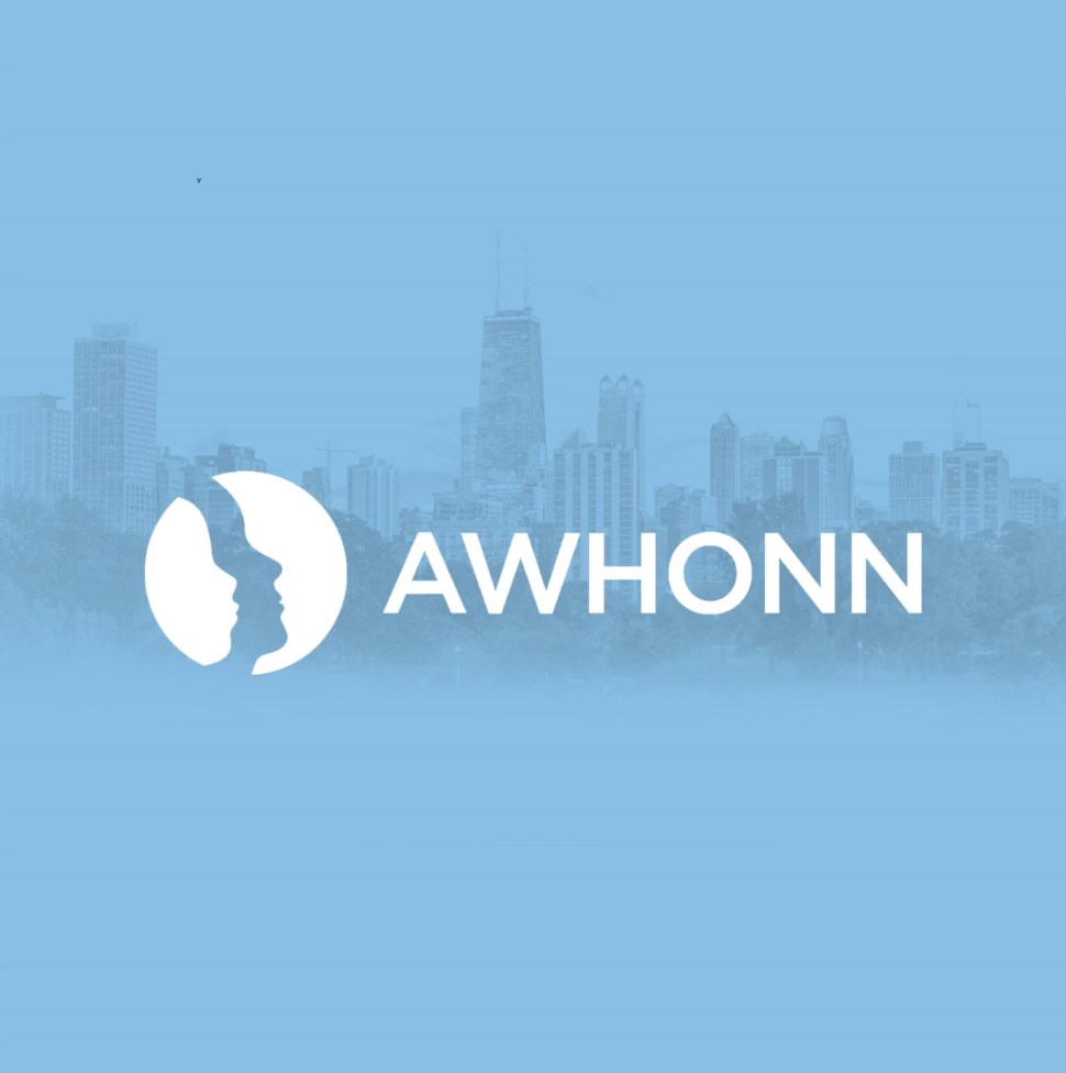 AWHONN celebrates its 50th Anniversary against a backdrop of city skyline silhouette, with the organization's logo featuring an abstract representation of a pregnant woman in profile.