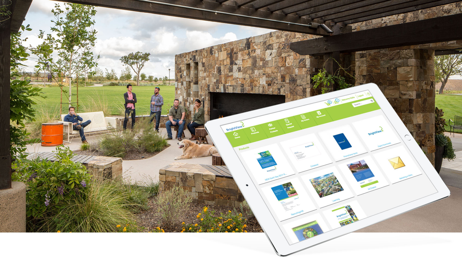 Outdoor relaxation and connectivity: a group of people enjoy a casual gathering in a store-like setting with BrightView greenery, comfortably utilizing a mixture of seating arrangements, while a foreground overlay shows a tablet interface