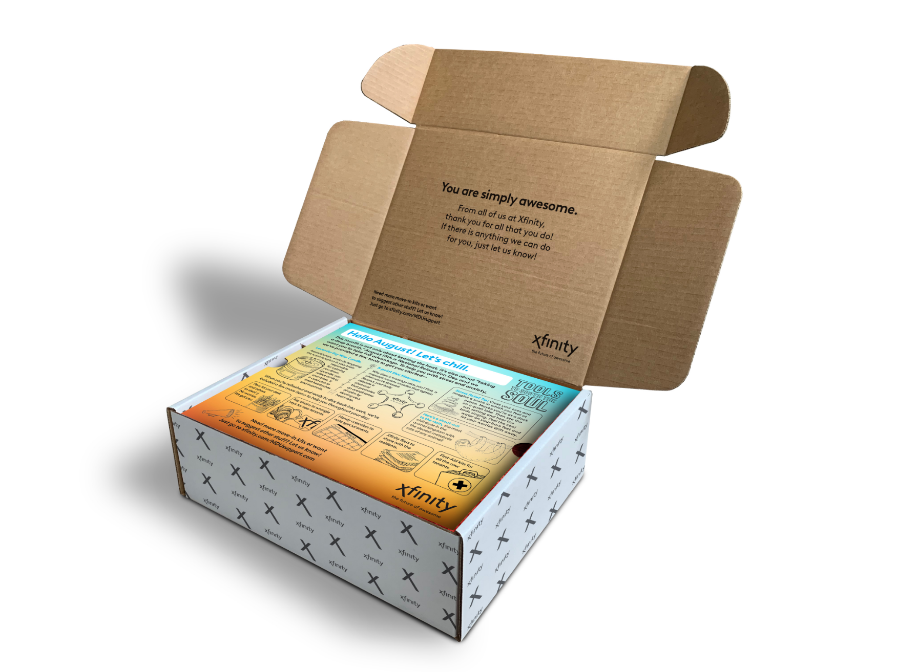 An open Comcast subscription box with a compliment printed inside the lid and colorful contents visible, suggesting a personalized customer experience or a special package.