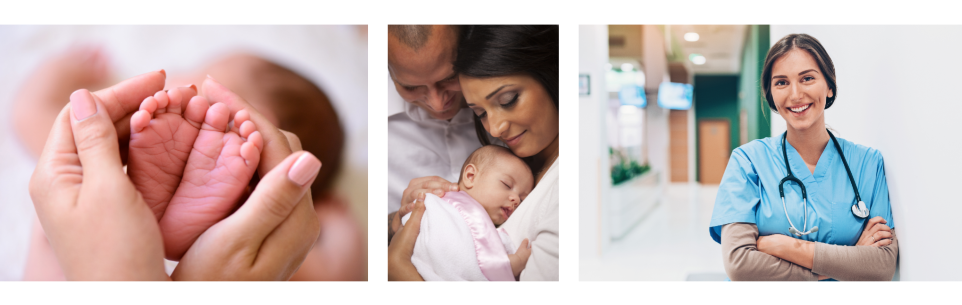 A triptych of tender moments and dedicated care: a close-up of a parent holding a baby's tiny feet, a family embracing in a nurturing cuddle with a newborn, and a smiling healthcare