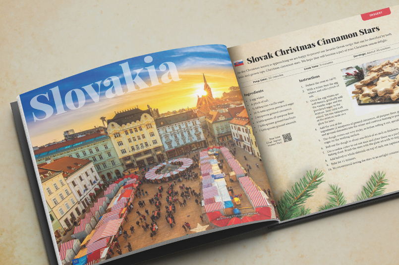 A travel magazine spread open to a feature on Slovakia, with a vibrant image of a bustling city square during sunset on the left and Holiday Recipes for Slovak Christmas cinnamon stars on the right.