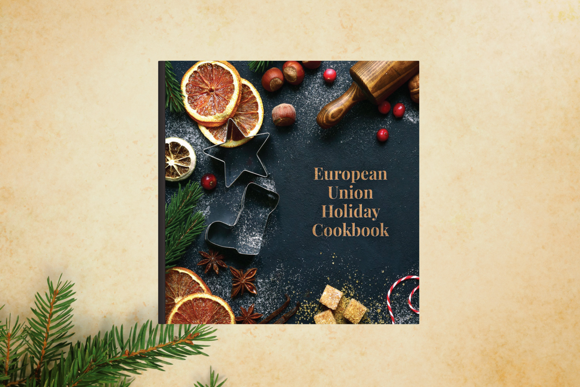 Festive holiday baking concept with a Christmas cookie cutter, dried oranges, cinnamon, and cranberries on a dark background, evoking a warm and cozy atmosphere for an EU Holiday Recipes cookbook cover.
