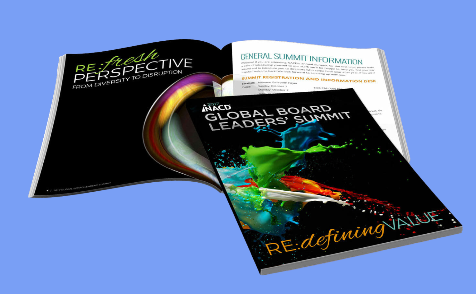 An open brochure for the NACD Global Board Leaders' Summit featuring vibrant, abstract artwork and the theme "re:defining value".