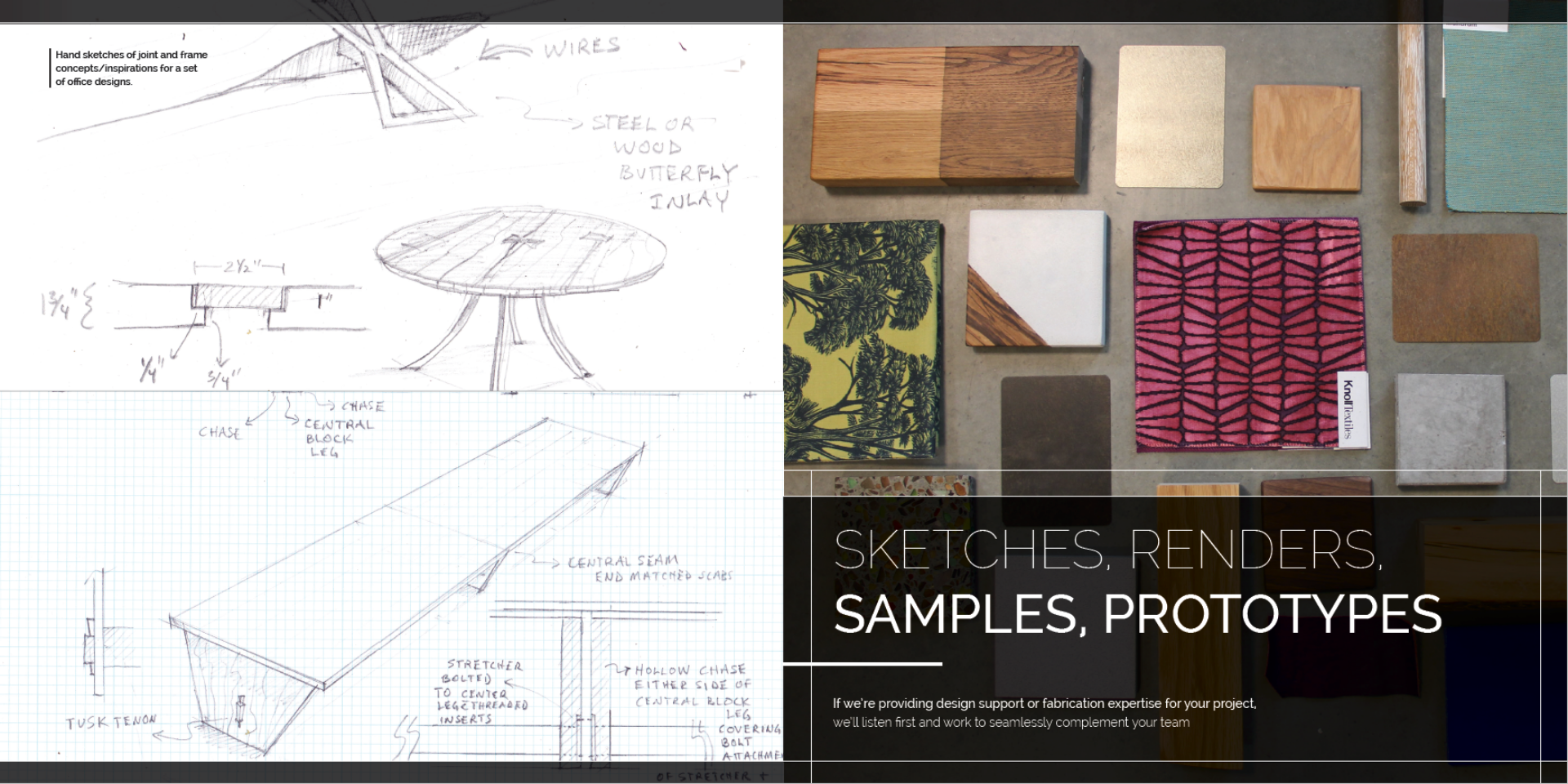 A collage showcasing the creative process of design, with conceptual sketches on the left and a variety of material samples and patterns on the right, captured under the headline "Hugo & Hoby: sketches,