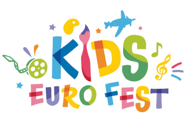A colorful and playful logo for "DEU Kids Euro Fest" featuring whimsical lettering, musical notes, stars, and a drawing of an airplane, suggesting a child-friendly European festival with diverse cultural
