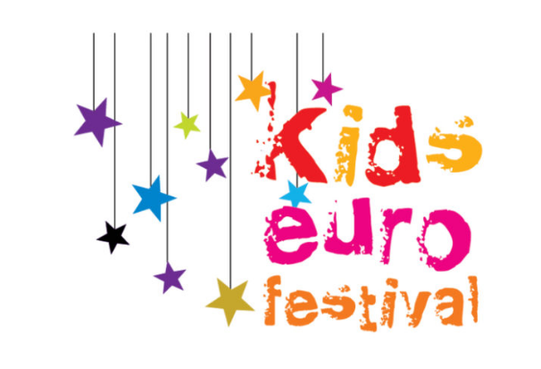 Colorful logo of the "DEU Kids Euro Fest" featuring playful stars hanging from strings, suggesting a fun and lively event for children celebrating European culture.