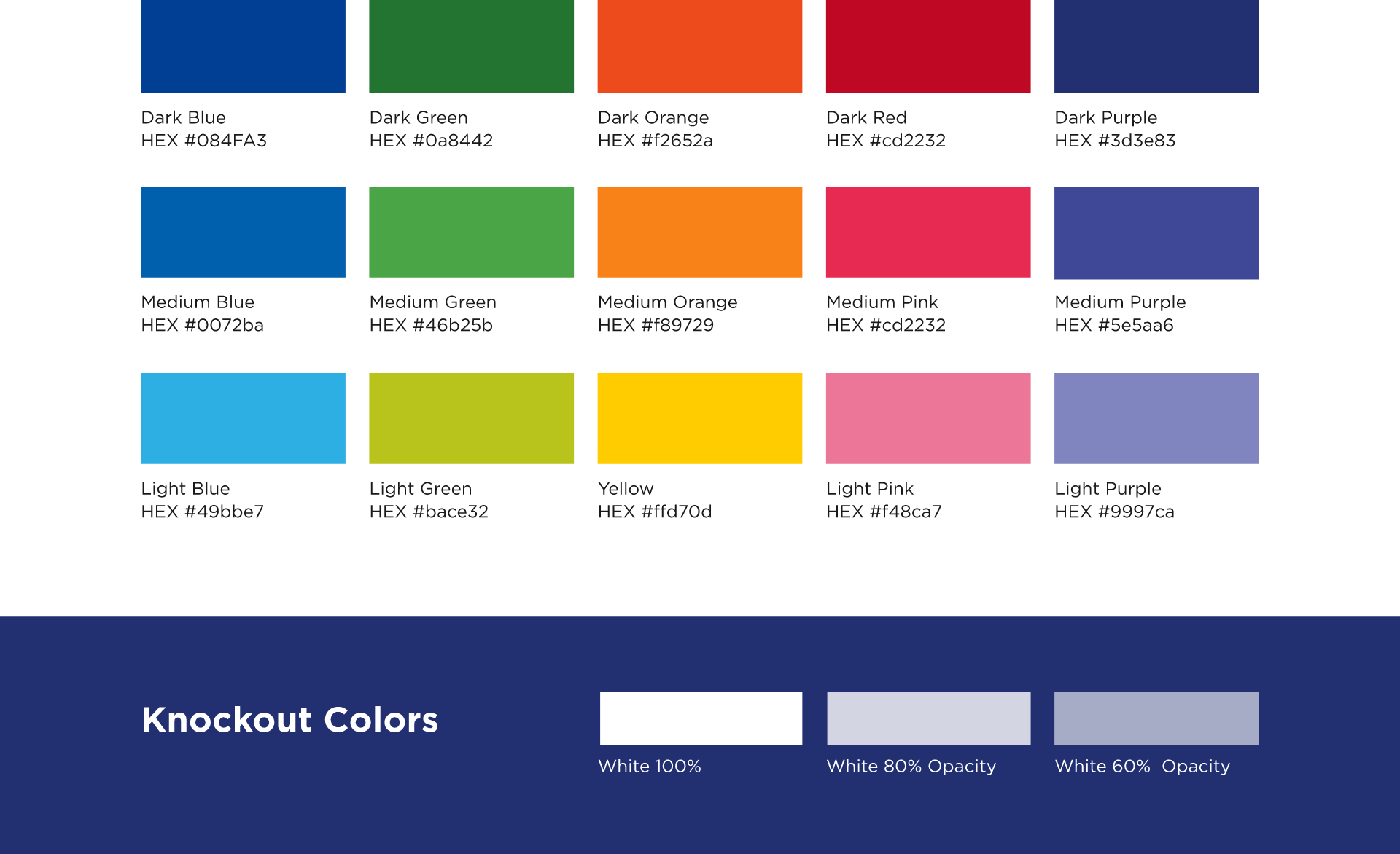 Color palette ideal for the DEU Kids Festival, featuring various shades and hex color codes, including blues, greens, yellows, oranges, reds, and purples, alongside examples of knockout