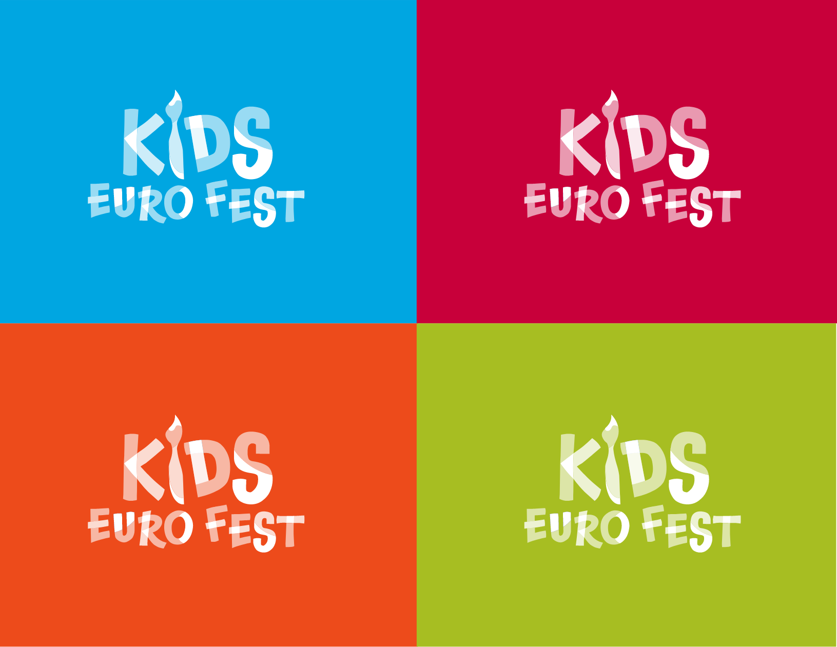 Colorful collage showcasing the DEU Kids Euro Fest logo in four variations, each set against a vibrant background of blue, red, orange, and green.