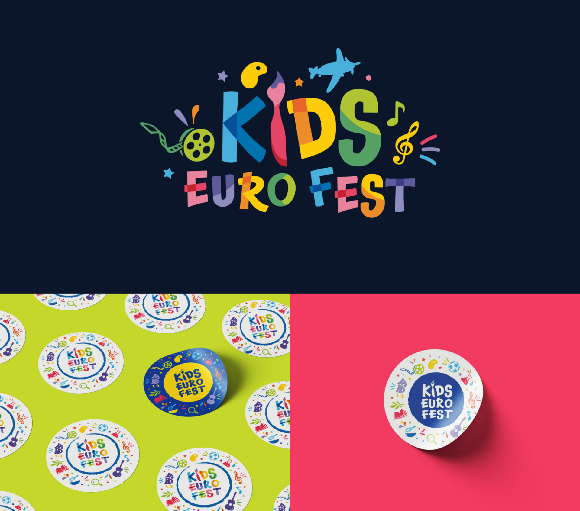 A vibrant promotional graphic for "DEU Kids Euro Fest" featuring a colorful logo with playful elements like a paintbrush, musical note, and soccer ball on a dark blue background, and branded circular stickers