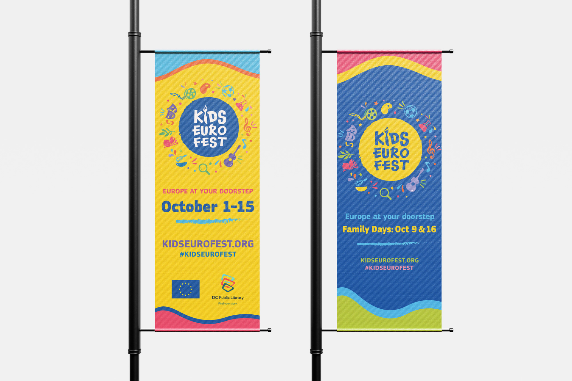 Two colorful banners promoting the "DEU Kids Euro Fest," a cultural festival with activities for children, featuring dates and website information against a backdrop of vibrant graphics.