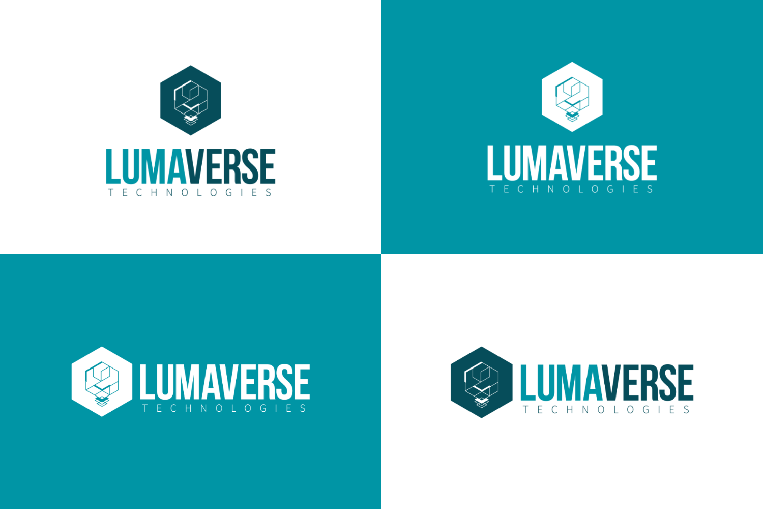 Four different logo designs for a company named "Lumaverse Technologies," each featuring a hexagonal emblem and the company name, displayed against a teal background with variations in the emblem's design and the font