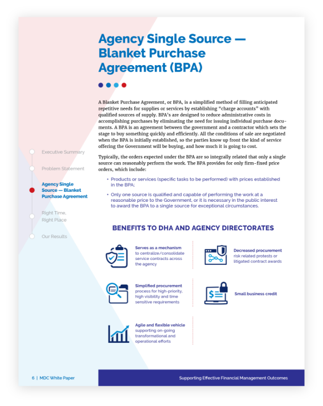 The image shows a cover page of a detailed informational document titled "Agency Single Source Blanket Purchase Agreement (BPA)," featuring the MDC logo design. The document appears to discuss the benefits and executive