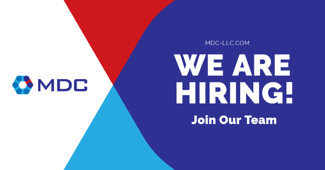 Modern and dynamic job advertisement banner with bold text announcing "we are hiring! Join our team" for MDC LLC, designed with a sleek blue, red, and white color scheme featuring our brand logo
