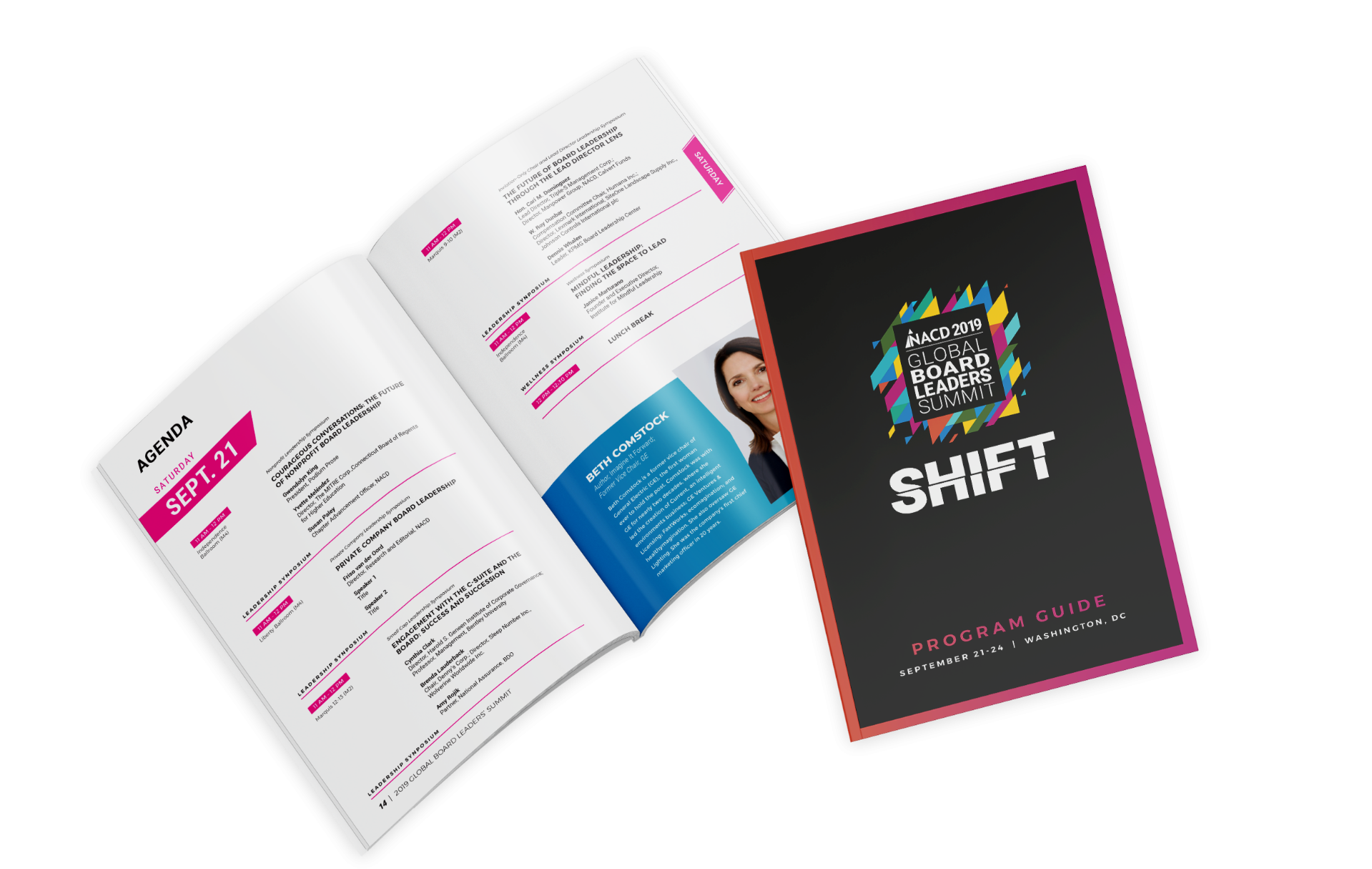 An open program guide for a professional event titled "NACD Shift," showcasing the schedule for September 12 on the left and a vibrant cover design on the right.