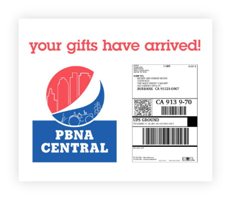 A graphic with a festive design announcing "your Thank You Box gifts have arrived!" next to a section of a shipping label for a package sent via UPS Ground, courtesy of DDA Communications.