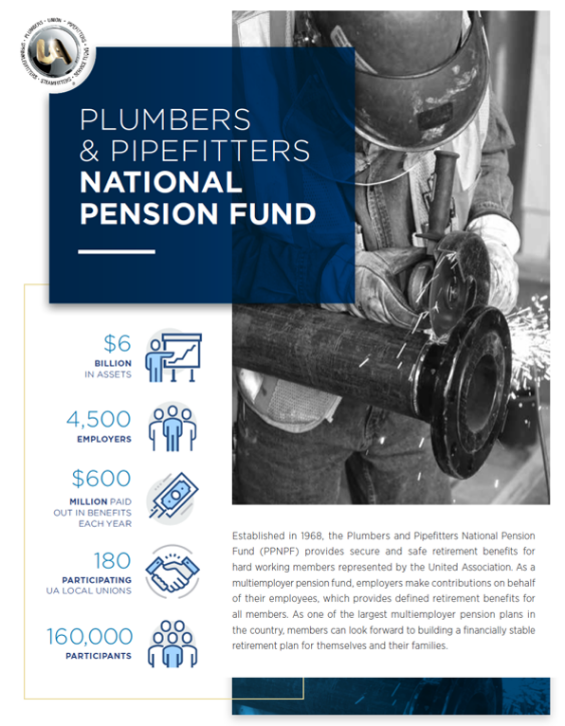 An informational poster or brochure page presenting the United Association Plumbers & Pipefitters National Pension Fund, highlighting key statistics such as $6 billion in assets, 4,500 employers, 180 participating