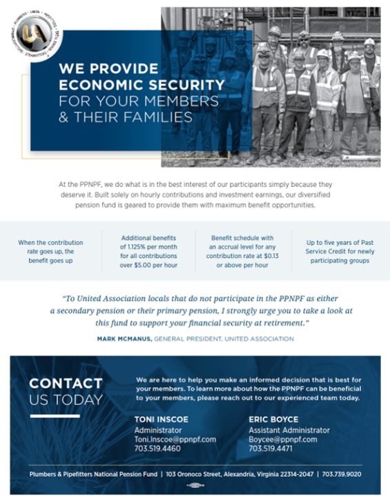 An informational flyer for the Plumbers & Pipefitters Pension Fund promoting economic security for its members and their families, with contact information for assistance and details about the benefits provided by the pension plan.