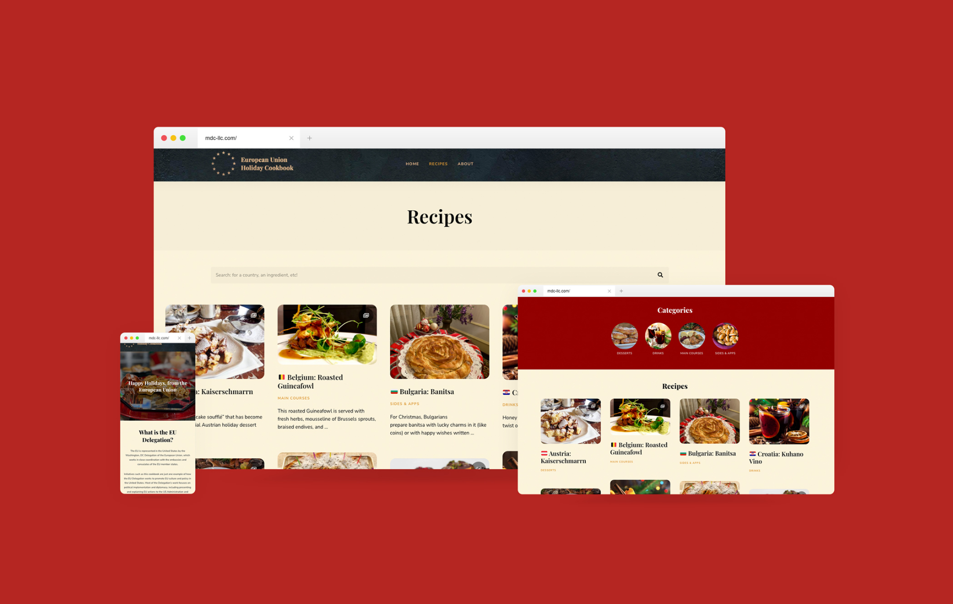 A digital collage showcasing a variety of delectable dishes from an EU Holiday Cookbook on a recipe website with a red and white color theme, offering culinary inspiration for food enthusiasts.