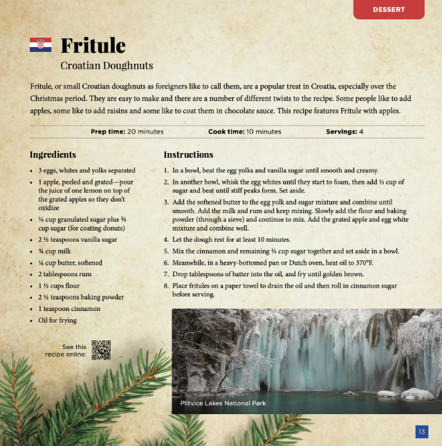 A page from a holiday cooking guide featuring a recipe for Croatian-style doughnuts called "fritule" with ingredients and preparation steps. The page is categorized under "dessert" in the EU holiday