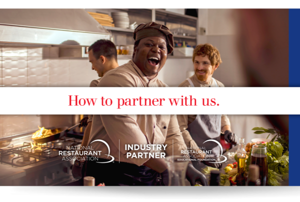 A joyful kitchen scene with chefs collaborating, encapsulated by a promotional message on partnership opportunities with the National Restaurant Association.