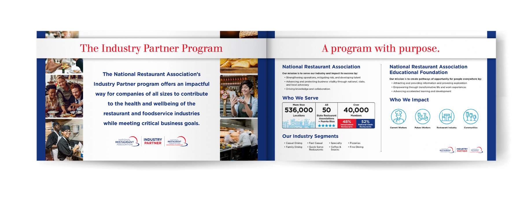 A brochure spread of the National Restaurant Association's industry partner program highlights its purpose, membership base, restaurant industry segments, and its impact on education, community, and sustainability.
