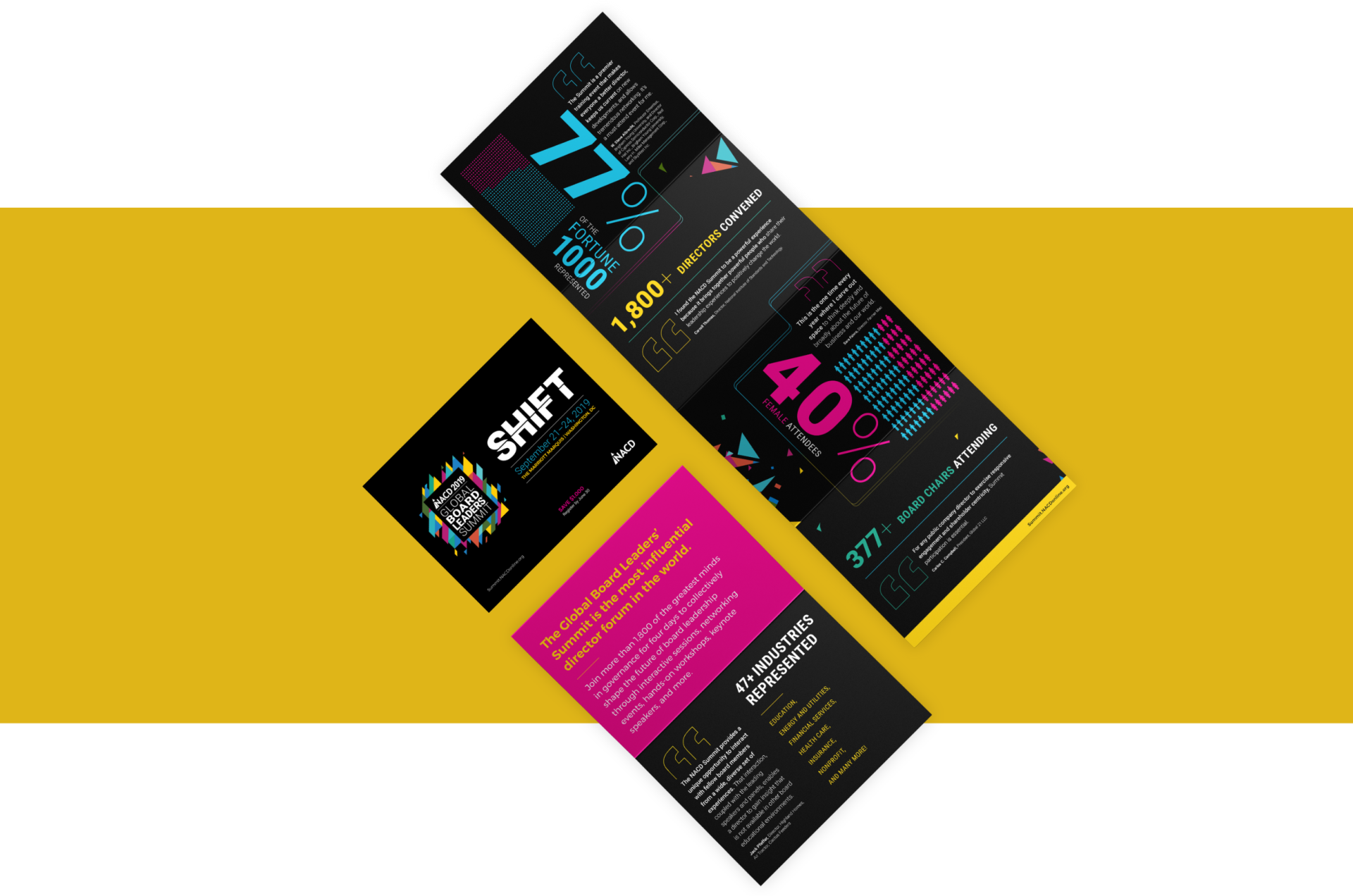 Colorful and modern NACD Shift infographic brochures spread out diagonally across a two-tone yellow and dark gray background, showcasing vibrant graphics and statistical data.