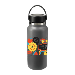 A decorated stainless steel water bottle presented on a landing page, adorned with colorful, motivational stickers featuring phrases like "say yes," "dream big," and other vibrant graphics including a sunflower, a heart
