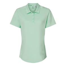 A mint green polo shirt with short sleeves and a collar is featured on the landing page against a white background.