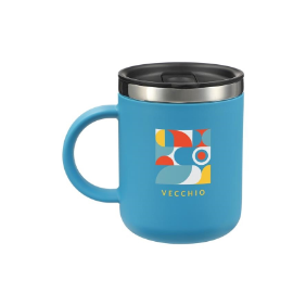 A blue insulated travel mug with a handle and a sliding lid, featured on the landing page, showcases a geometric abstract logo with the word "vecchio" printed on the side.