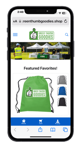 A smartphone screen displays the mPower Ecommerce Storefront for "Green Thumb Goodies." Featured at the center is a drawstring bag with the "Green Thumb Goodies" logo. Below it are images of the bag in different colors. The site menu icons are visible at the bottom.