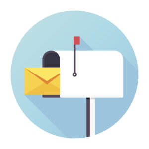 A white mailbox with its red flag raised has a yellow envelope sticking out from the slot. The mailbox and envelope are set against a circular blue and white background, reminiscent of the sleek design you'd find at mPower Ecommerce Storefront.