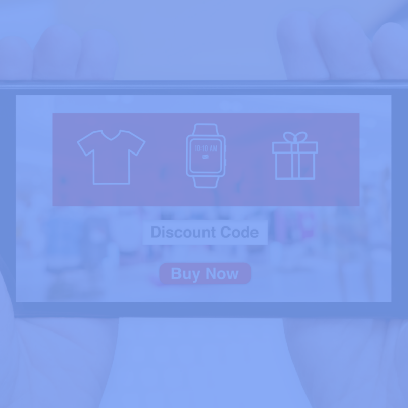 Person holding a smartphone showing a discount code with icons representing a shirt, a smartwatch, and a gift box. Below the code, there's a red button with the text "Buy Now." The image is overlaid with a blue tint.