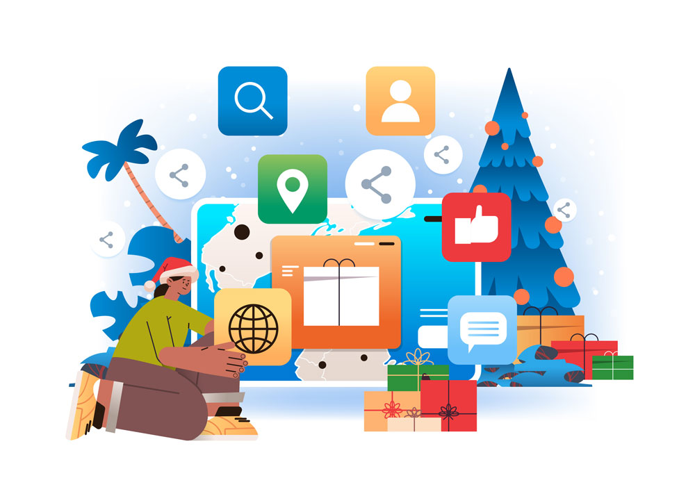 A festive digital scene captures the holiday season spirit with a person kneeling, holding a globe icon. A large screen showcases a gift box alongside various app icons, hinting at engagement. A decorated tree and wrapped presents add charm, while snowflakes and palm trees create an enchanting atmosphere. MOSAIC Print and data services, combining print and digital.