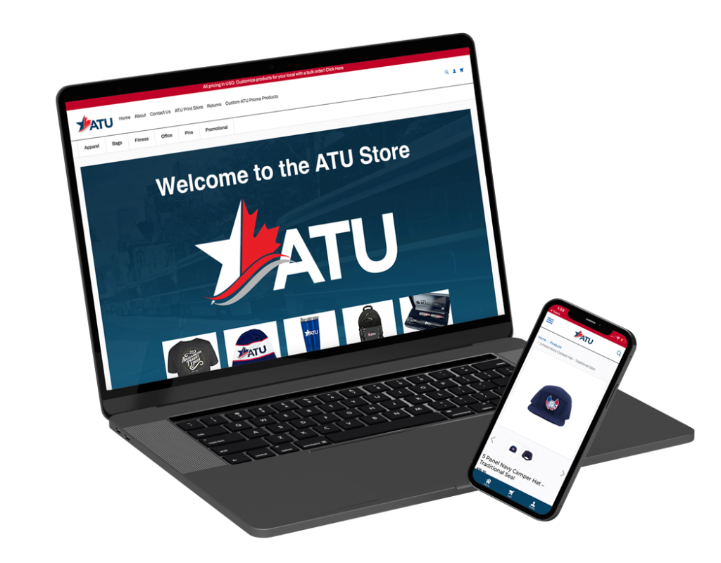 Laptop and smartphone displaying the ATU Store. The laptop screen shows "Welcome to the ATU Store" with various products below. The smartphone displays a hat with the ATU logo.