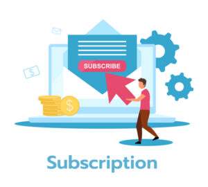 Illustration of a person clicking a large "Subscribe" button on a laptop screen, capturing contemporary consumer behavior. The scene includes gears, an envelope, and stacked coins, symbolizing subscription and online payment concepts.