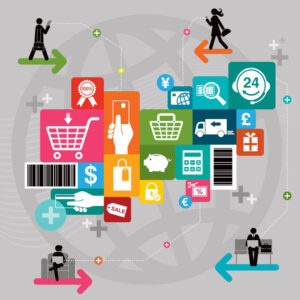 A collage of colorful shopping and commerce icons on a grey background showcases key trends in consumer behavior. It includes shopping carts, currency symbols, a mobile phone, a truck, a piggy bank, and arrows. People icons also suggest various aspects of e-commerce and transactions.